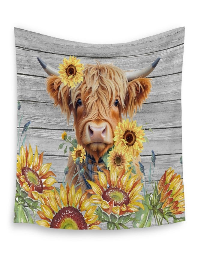 HUGANE Farmhouse Highland Cow Sunflower Tapestry, Rustic Sunflower Country Scottish Cow Wall Tapestries, Cute Highland Cattle Hanging Wall Decor for Bedroom Living Room Home, 50x60 Inch - Image 1